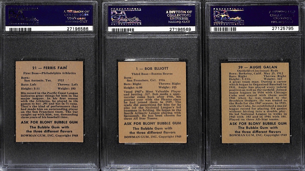 Lot of (3) 1948 Bowman Baseball Cards w/ High Grade Ferris Fain Rookie PSA 8 and #1 Bob Elliott Rookie (PSA 5)