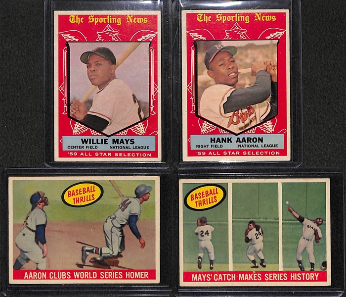 Lot of 4 - 1959 Topps Baseball Cards w. Willie Mays & Hank Aaron