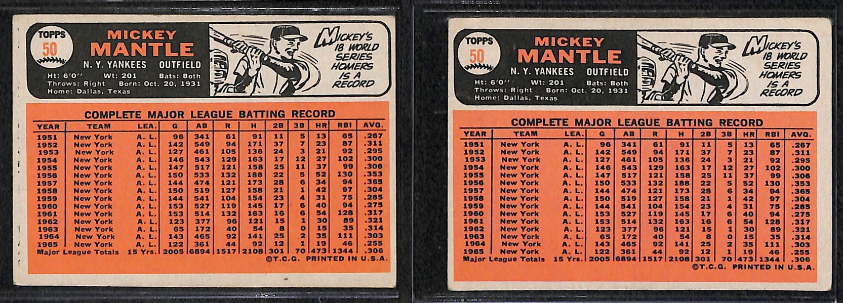 Lot of 2 - 1966 Topps Mickey Mantle Cards #50