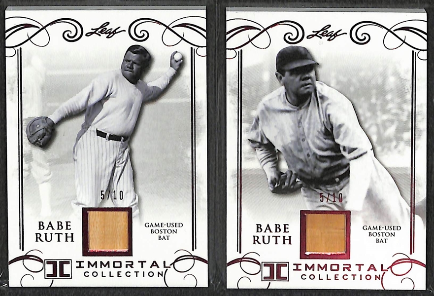 Lot of (2) 2017 Leaf Immortal Collection Babe Ruth Game Used Red Sox Bat Cards - Both Numbered to 10 