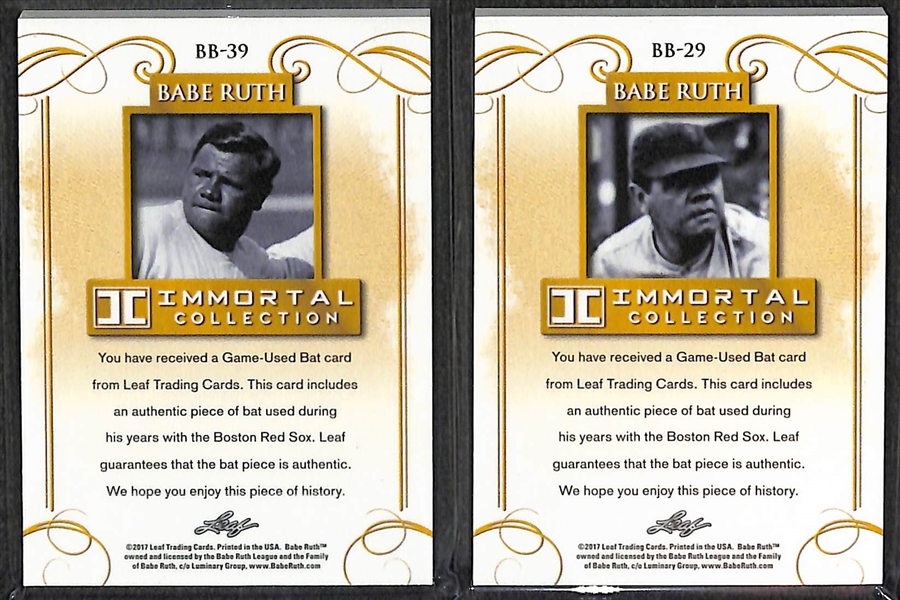 Lot of (2) 2017 Leaf Immortal Collection Babe Ruth Game Used Red Sox Bat Cards - Both Numbered to 10 