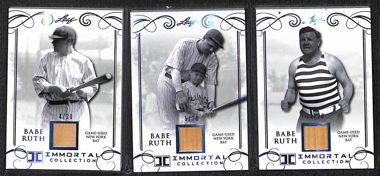 Lot of (3) 2017 Leaf Immortal Collection Babe Ruth Game Used Yankees Bat Cards - Each Numbered to 20 