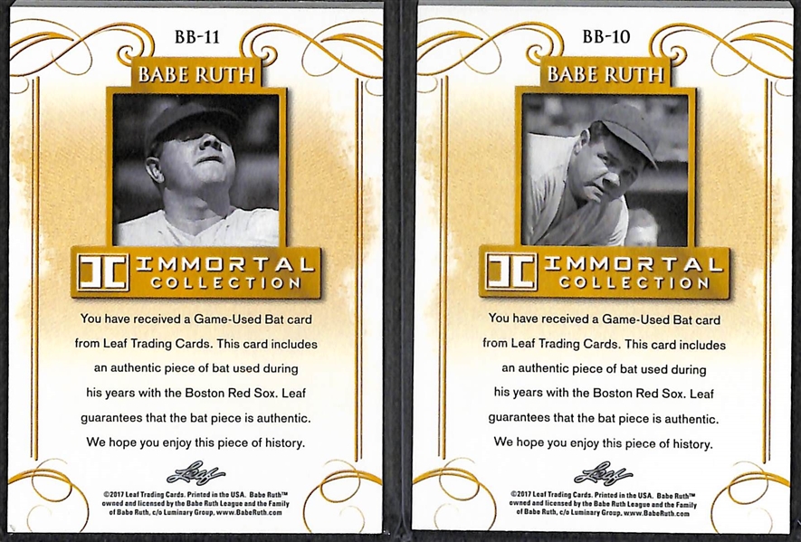 Lot of (2) 2017 Leaf Immortal Collection Babe Ruth Game Used Red Sox Bat Cards - Both Numbered to 20 (one is numbered 3/20, his jersey number) 