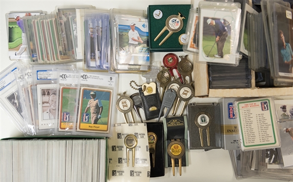 Lot of Golf Memorabilia - Multi Signed Caps, Signed Golf Cards, 15 Divot-Repair Tools, 300+ Golf Cards