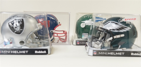 Lot of 4 Signed Football Mini Helmets w. Sayers, T. Brown, Cunningham, & Vermiel