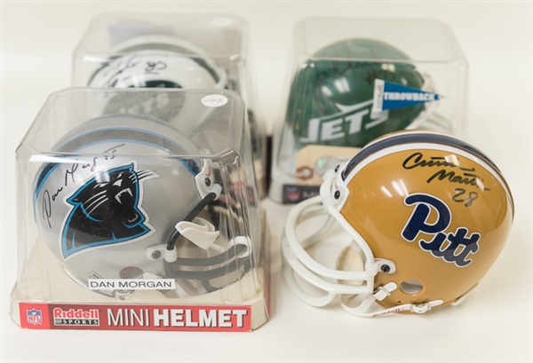 Lot of 4 Signed Football Mini Helmets w. Curtis Martin, Joe Klecko, Santana Moss, & Dan Morgan