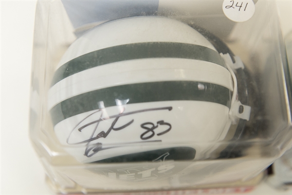 Lot of 4 Signed Football Mini Helmets w. Curtis Martin, Joe Klecko, Santana Moss, & Dan Morgan