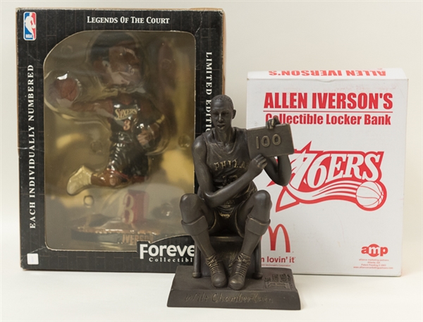 Lot of (3) 76ers Items (Wilt Chamberlain Figurine and Iverson Bobble Head & Bank)