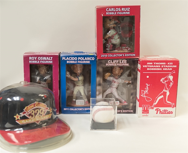 Philadelphia Phillies Collectible Lot with 5 Bobble Heads & Steve Carlton Signed Hat
