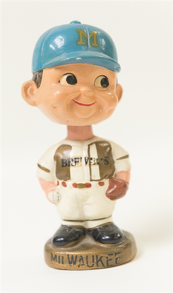 Early 1970s Milwaukee Brewers Bobble Head with Round Gold Base