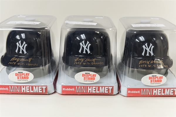 Lot of 3 Bobby Shantz Signed & Inscribed Yankees Mini Helmets