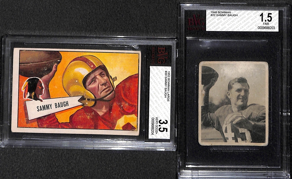 (2) Card Sammy Baugh Lot:  1949 Bowman Rookie (BVG 1.5 Fair) and 1952 Bowman Large (BVG 3.5)