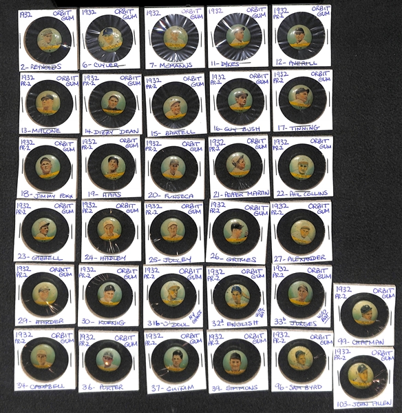 Lot of 32 Different 1932 Orbit Gum Pins - PR2 (Numbered) w. Dizzy Dean & Jimmy Fox