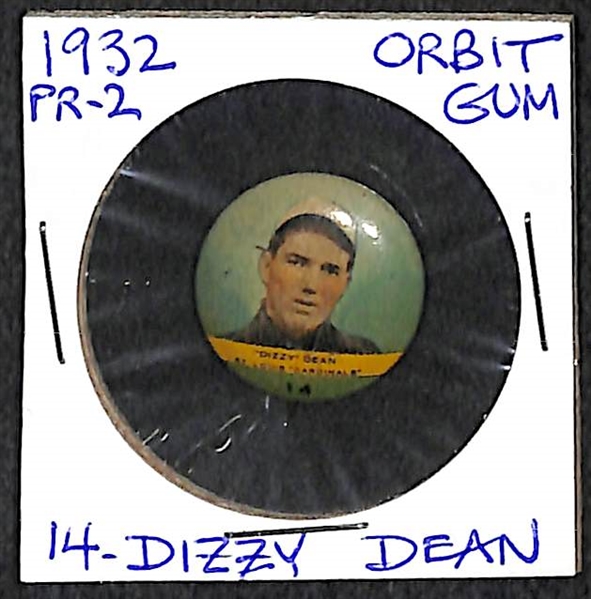 Lot of 32 Different 1932 Orbit Gum Pins - PR2 (Numbered) w. Dizzy Dean & Jimmy Fox