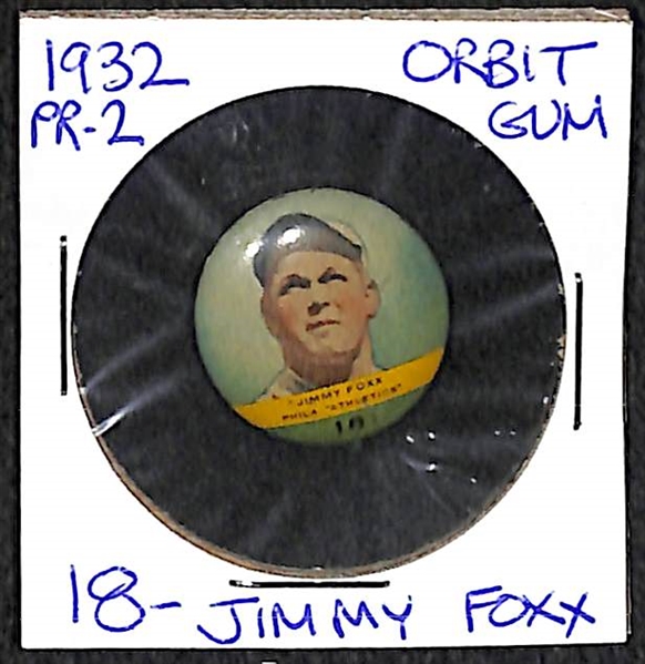 Lot of 32 Different 1932 Orbit Gum Pins - PR2 (Numbered) w. Dizzy Dean & Jimmy Fox