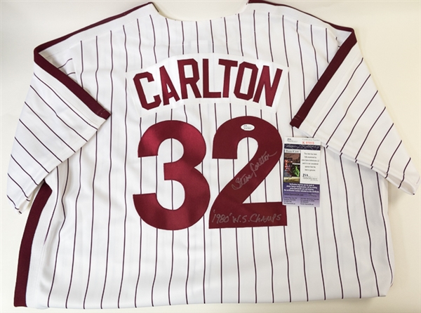 Steve Carlton Signed Cooperstown Collection Phillies Jersey w '80 WS Champs Inscription (JSA)