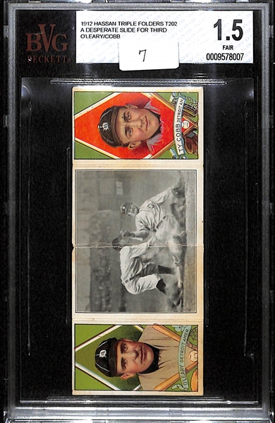 1912 Hassan Triple Folder T202 Ty Cobb & Chas. O'Leary A Desperate Slide for Third BVG 1.5 FR