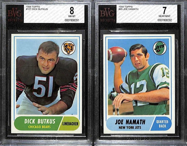 High-Grade 1968 Topps Football Lot - Butkus BVG 8 (NM-MT) and Namath BVG 7 (NM)