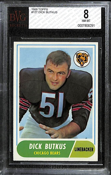 High-Grade 1968 Topps Football Lot - Butkus BVG 8 (NM-MT) and Namath BVG 7 (NM)