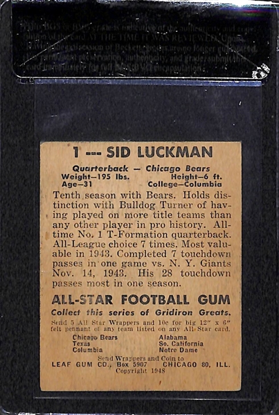 1948 Leaf Sid Luckman (#1) Rookie (Chicago Bears) - RARE HOF Rookie Graded Beckett BVG 2.5 Raw