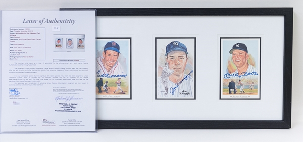 Framed & Autographed Mickey Mantle, Joe DiMaggio, and Ted Williams Perez Steele Postcards (JSA)