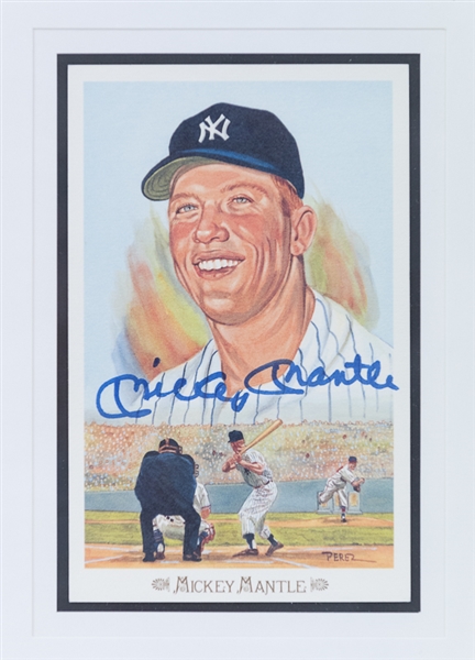 Framed & Autographed Mickey Mantle, Joe DiMaggio, and Ted Williams Perez Steele Postcards (JSA)