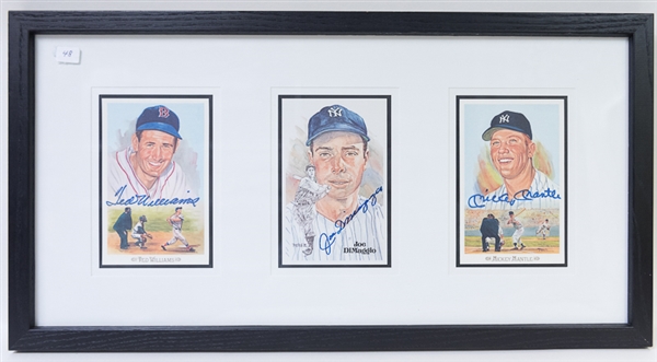 Framed & Autographed Mickey Mantle, Joe DiMaggio, and Ted Williams Perez Steele Postcards (JSA)