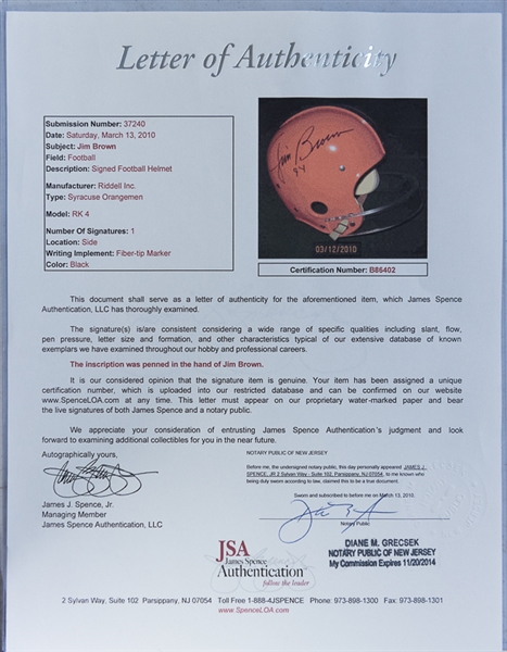 Jim Brown Large Signature on a Full Size Syracuse Football Helmet (JSA)