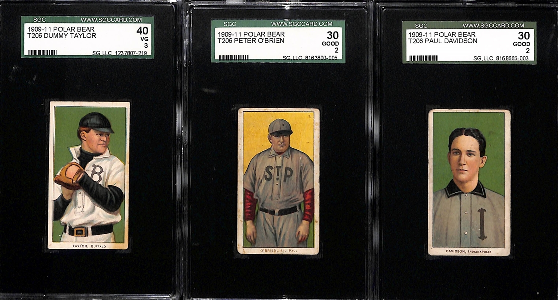 Lot of (3) SGC Graded 1909-11 T206 Polar Bear Cards - Taylor (Buffalo) SGC 3, O'Brien (St. Paul) SGC 2, Davidson (Indianapolis) SGC 2