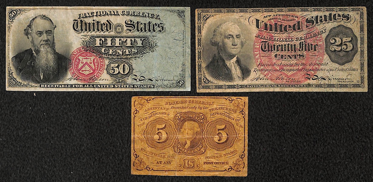Lot of 3 Fractional Currency from 1863-1869 - 50, 25, 10, & 5 Cent Notes