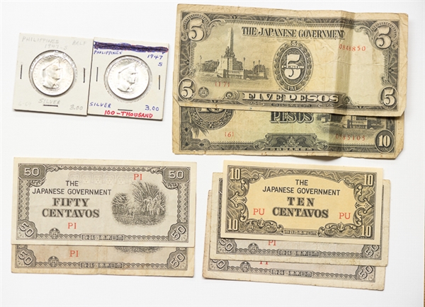 Philippines Lot - 2 Silver Coins and Japanese Occupation Notes