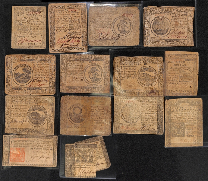 Lot of 14 Colonial Currency Notes circa 1770 (1), 1776 (12), & 1778 (1)