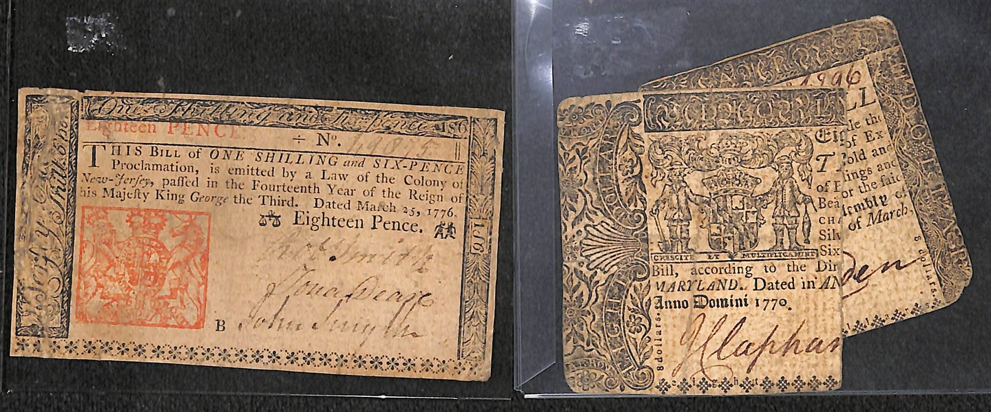 Lot of 14 Colonial Currency Notes circa 1770 (1), 1776 (12), & 1778 (1)