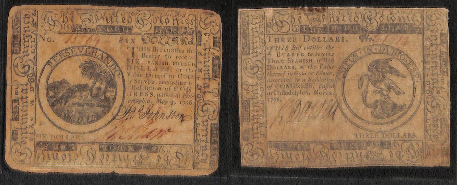 Lot of 14 Colonial Currency Notes circa 1770 (1), 1776 (12), & 1778 (1)