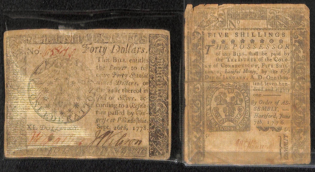 Lot of 14 Colonial Currency Notes circa 1770 (1), 1776 (12), & 1778 (1)