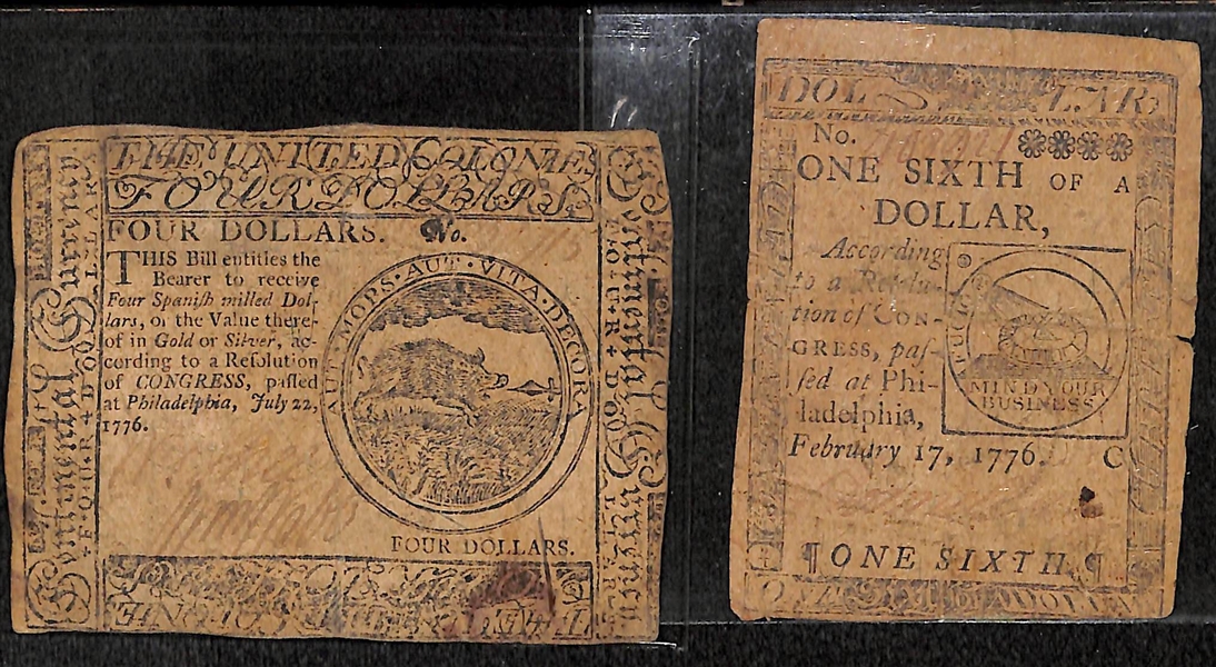Lot of 14 Colonial Currency Notes circa 1770 (1), 1776 (12), & 1778 (1)
