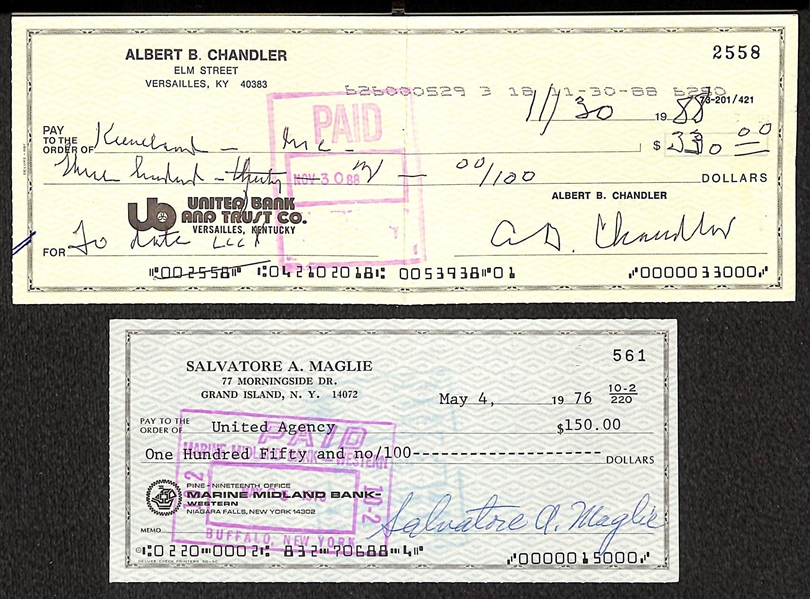 Happy Chandler (HOF) and Sal Maglie Signed Checks