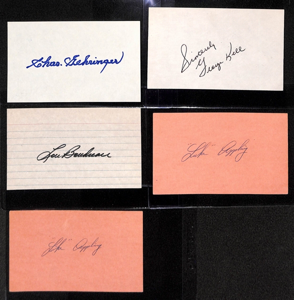 Lot of (5) Baseball HOF Index Card Autographs (Gehringer, Kell, Boudreau, and 2 Luke Appling)