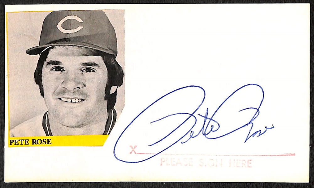 Lot of (4) Signed Baseball Index Cards (Nolan Ryan, Pete Rose, Jim Palmer, and Gaylord Perry)