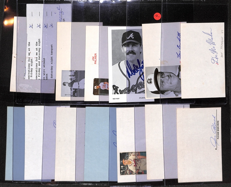 Lot of (14) Baseball Player Signed Index Cards (Mize, Colavito, Palmer, Erskine, Burdette, rare Lindsey Nelson, +)