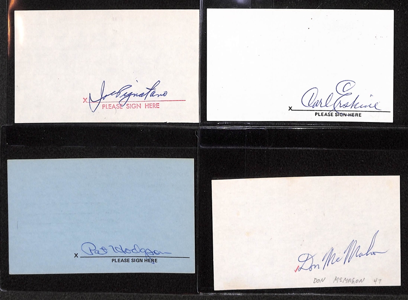 Lot of (14) Baseball Player Signed Index Cards (Mize, Colavito, Palmer, Erskine, Burdette, rare Lindsey Nelson, +)