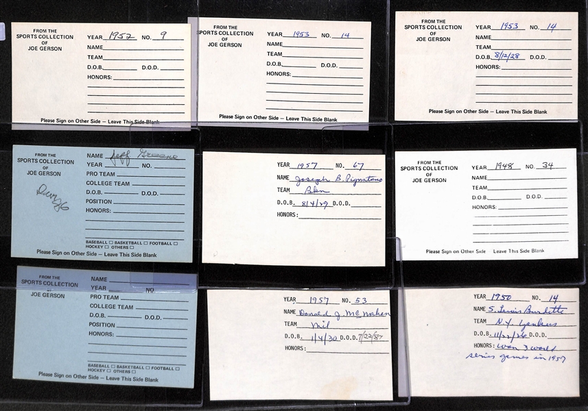 Lot of (14) Baseball Player Signed Index Cards (Mize, Colavito, Palmer, Erskine, Burdette, rare Lindsey Nelson, +)