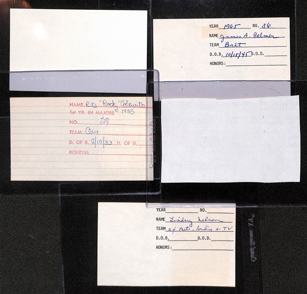Lot of (14) Baseball Player Signed Index Cards (Mize, Colavito, Palmer, Erskine, Burdette, rare Lindsey Nelson, +)