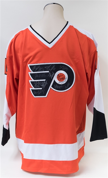 Philadelphia Flyers Legends Signed Flyers Hockey Jersey (12 Autographs on the Flyers Logo)