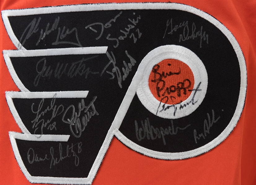 Philadelphia Flyers Legends Signed Flyers Hockey Jersey (12 Autographs on the Flyers Logo)
