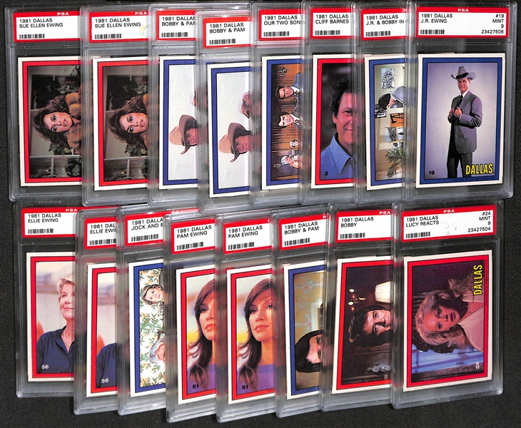 Lot of (16) 1981 Donruss Dallas Cards Featuring Larry Hagman as JR Ewing - All PSA 9 Mint!
