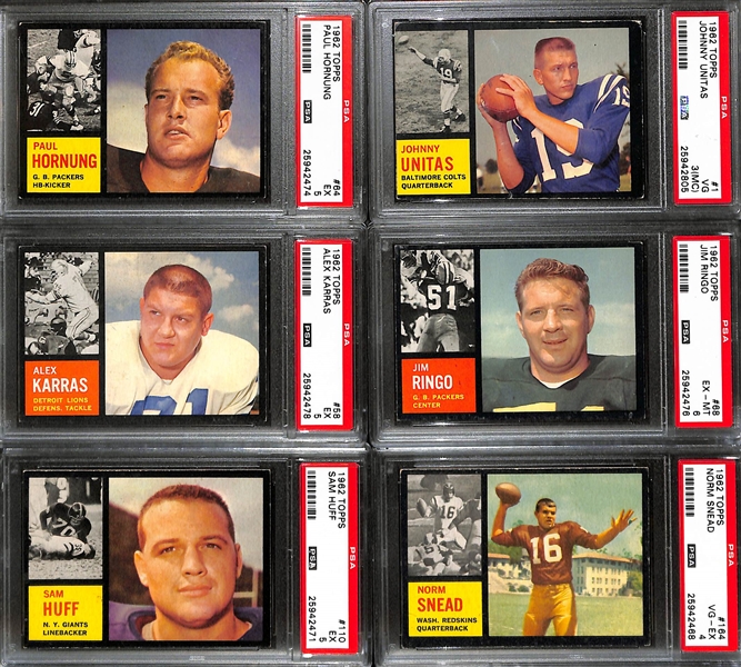 Lot of (6) 1962 Topps Football Star Cards -  PSA Graded Lot - w. Paul Hornung PSA 5