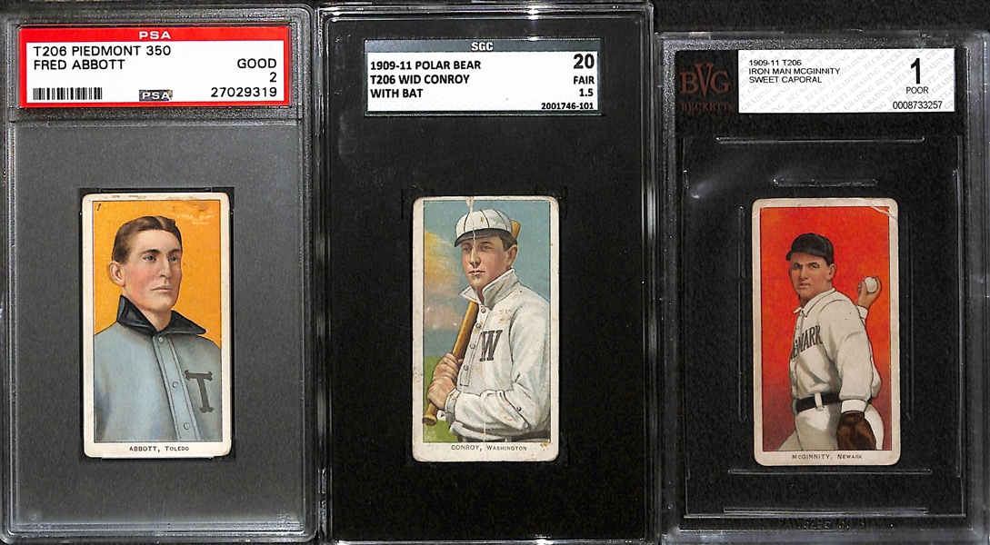 Lot of (3) Graded T206 Cards (Conway w/ Bat SGC 20; Abbott PSA 2; McGinity BVG 1)