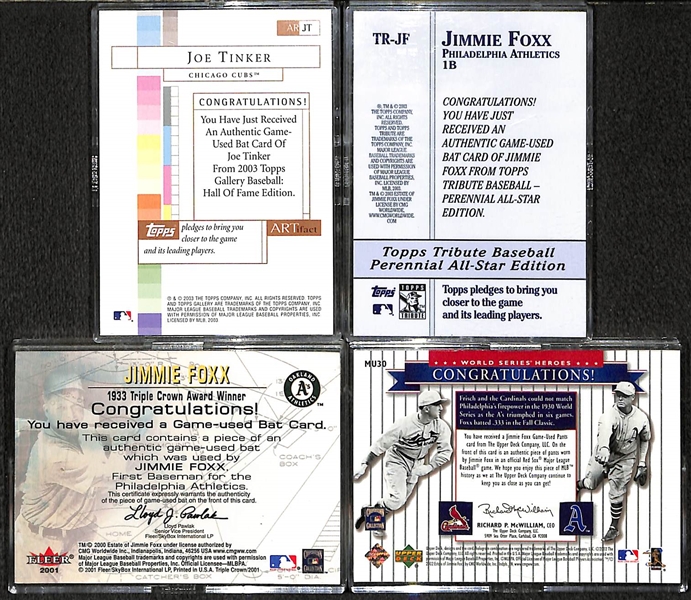 Lot of (4) Jimmie Foxx and Joe Tinker Game Used Bat/Pants Relics (3 Foxx and 1 Tinker)