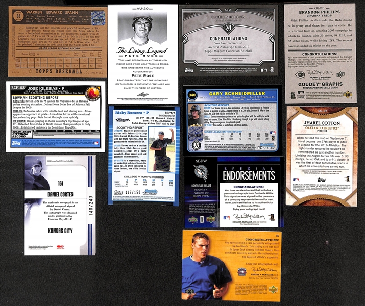 Lot of Over 50 Certified Baseball Autographed Cards (w/ W. Spahn, P. Rose, C. Rodon)
